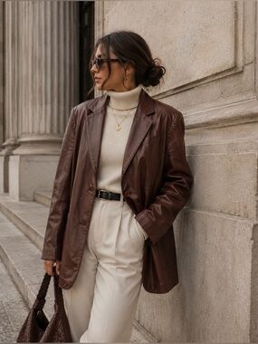 Vintage Brown Leather Blazer Jacket Soft Structured Classic Tailored Coat
